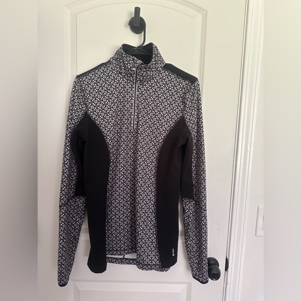 Lands End Geometric Print Quarter Zip Back Pocket Thumb Holes Sz M\T EUC layer